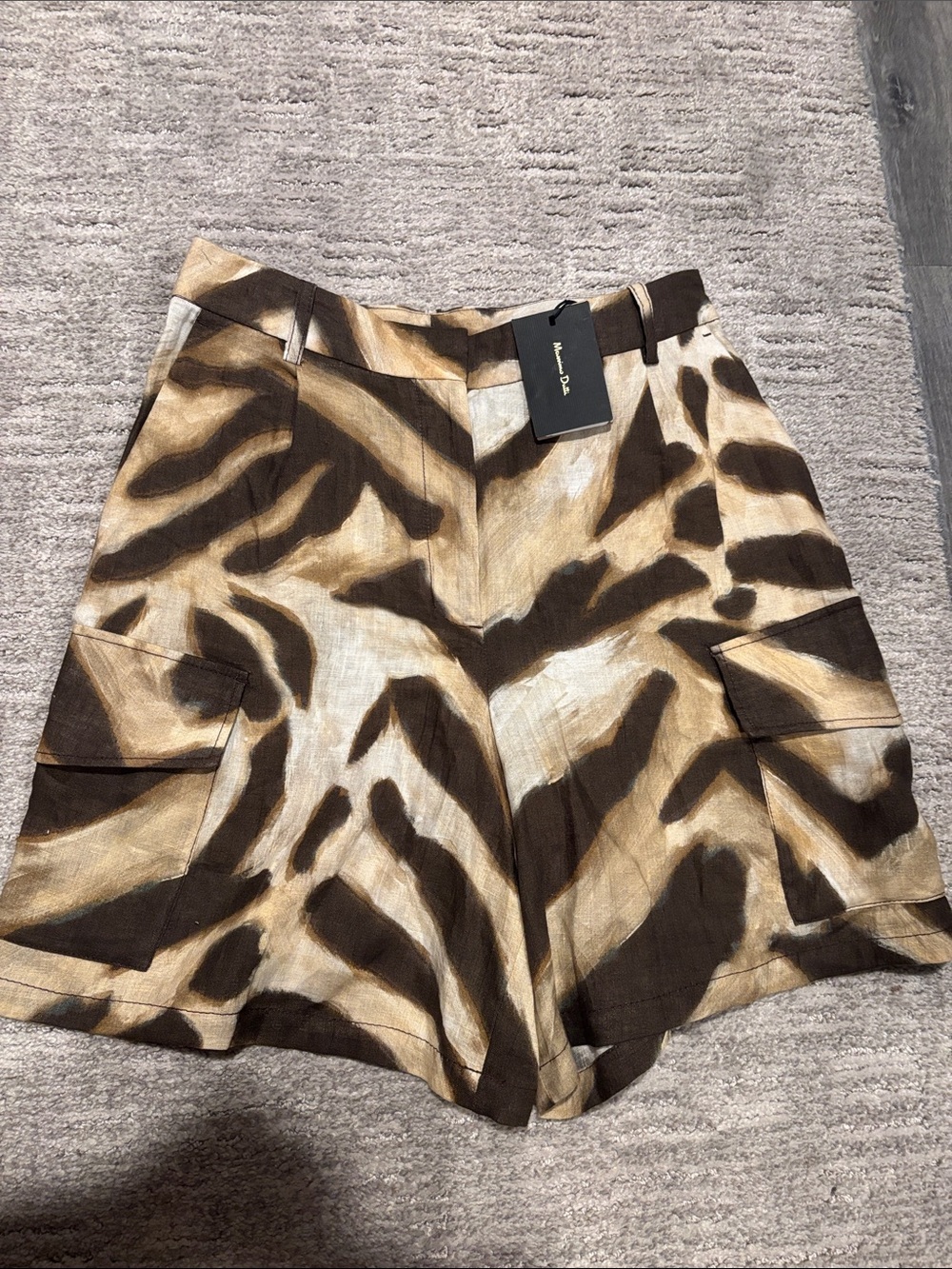 Massimo Dutti Women’s Brown & Cream Animal-Print Cargo Shorts size 2
